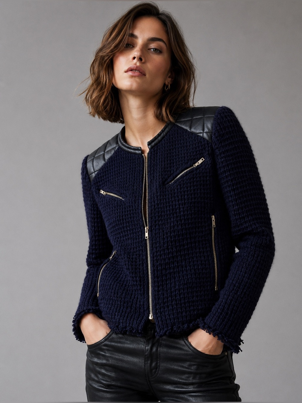 IRO Women Blue Knit Moto Sweater Jacket Lambskin Size 40 Fray Hem Zippers *TLC